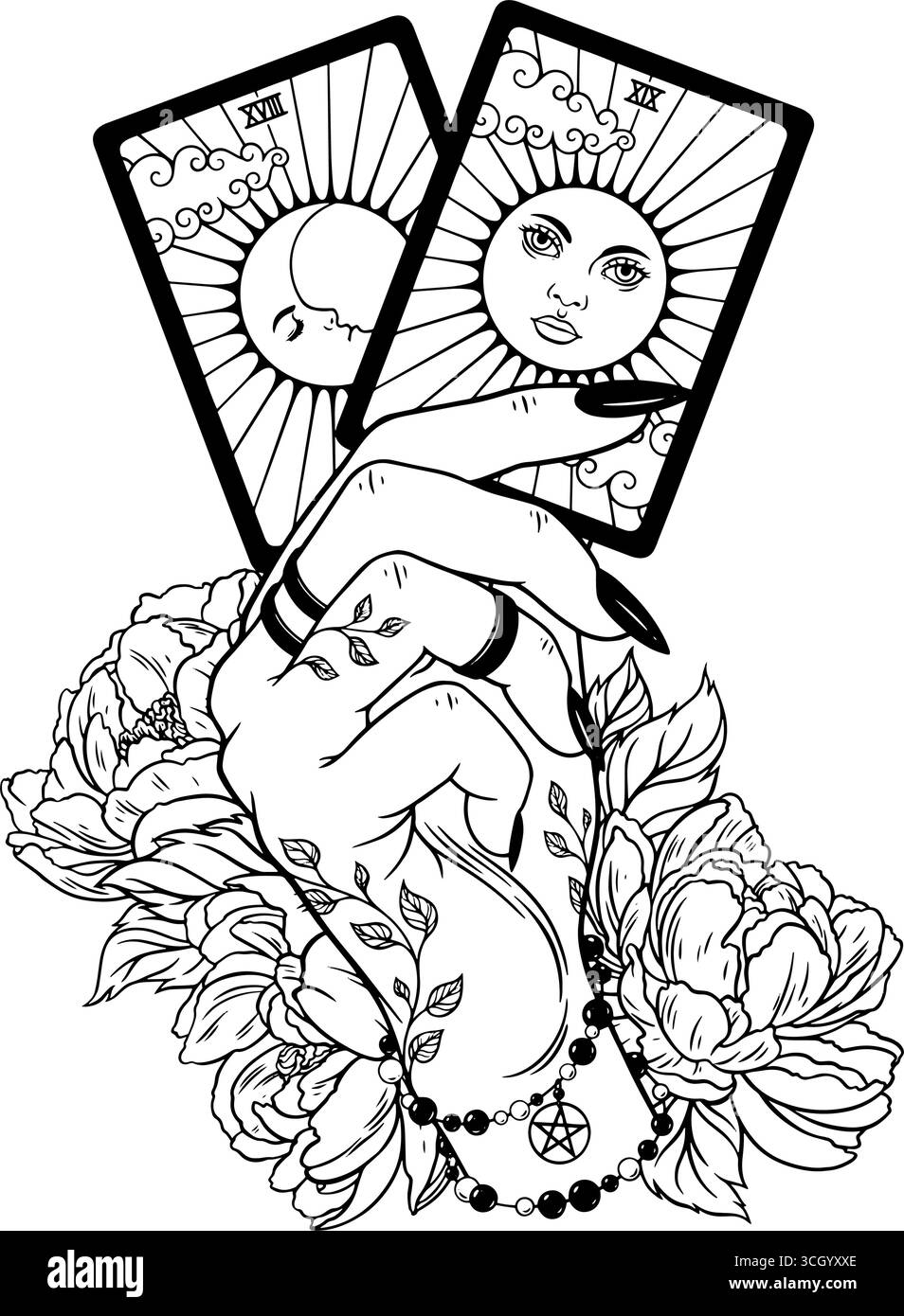 Weibliche Hand mit Tätowierung mit Tarotkarten - Sonne und Mond Symbole. Vektorabbildung Stock Vektor