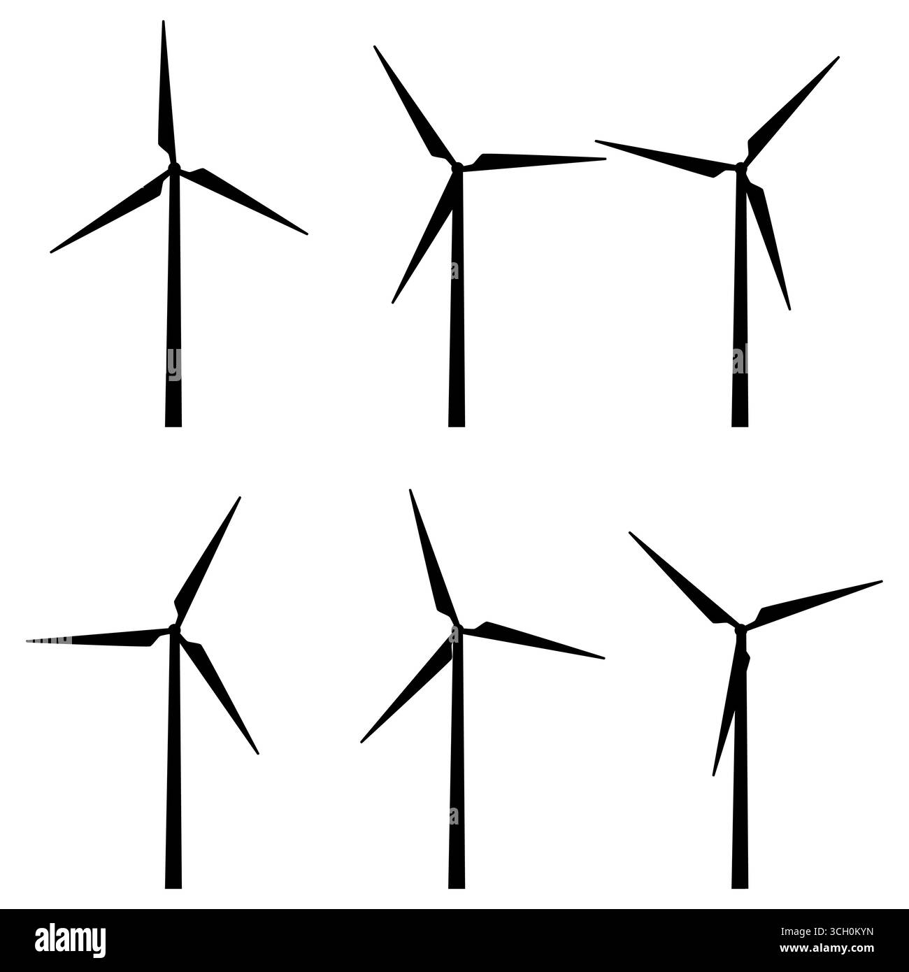 Windturbinen Set, Windmühle, Windgenerator Vektor-Illustration isoliert auf weißem Hintergrund. Stock Vektor