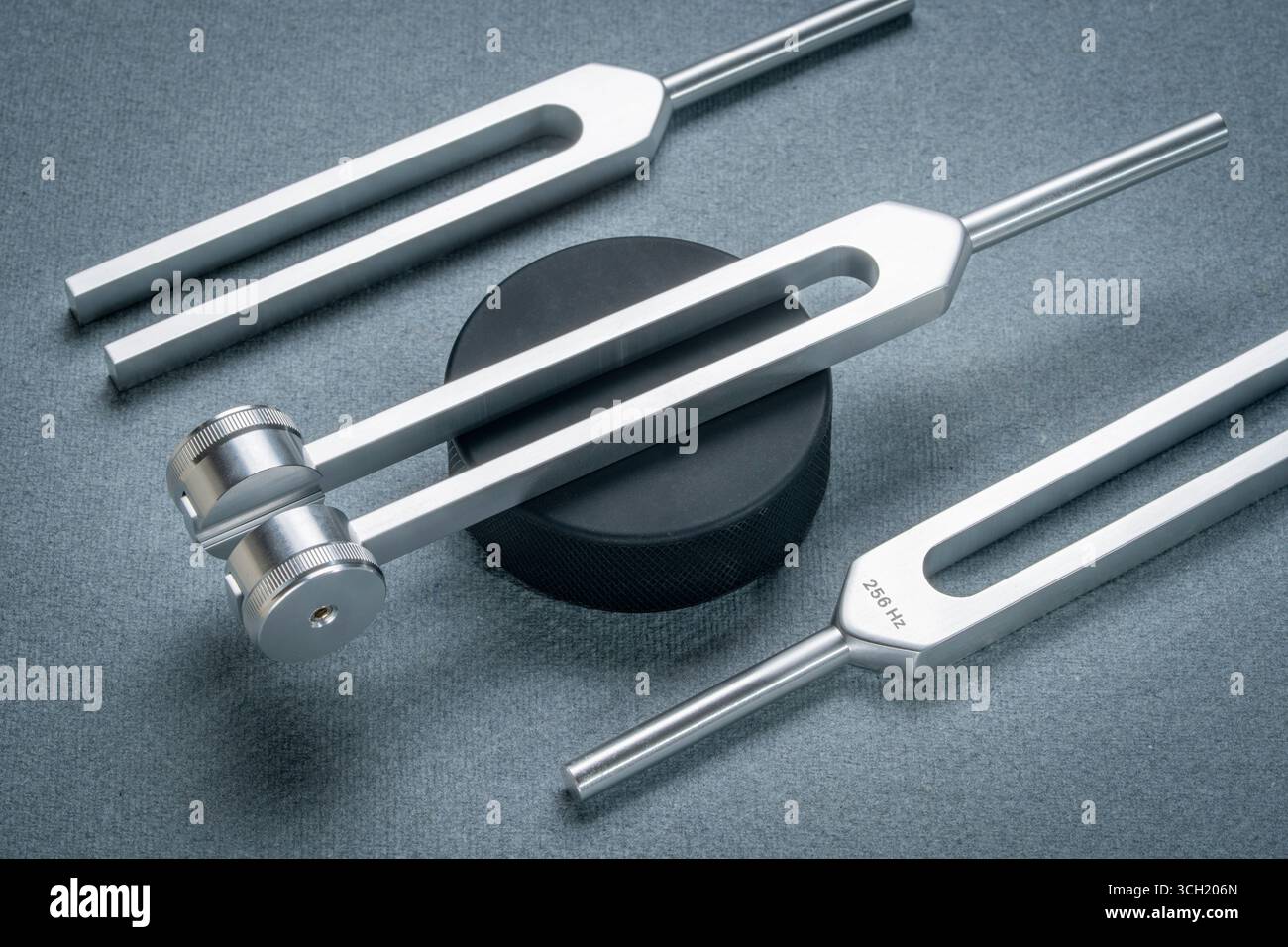 Satz gewichteter und ungewichteter Stimmgabeln aus Metall, die zum Abstimmen von Musikinstrumenten, zur Klangtherapie, zur Chakra-Heilung oder -Entspannung, zum Hockey Puck Actova verwendet werden Stockfoto