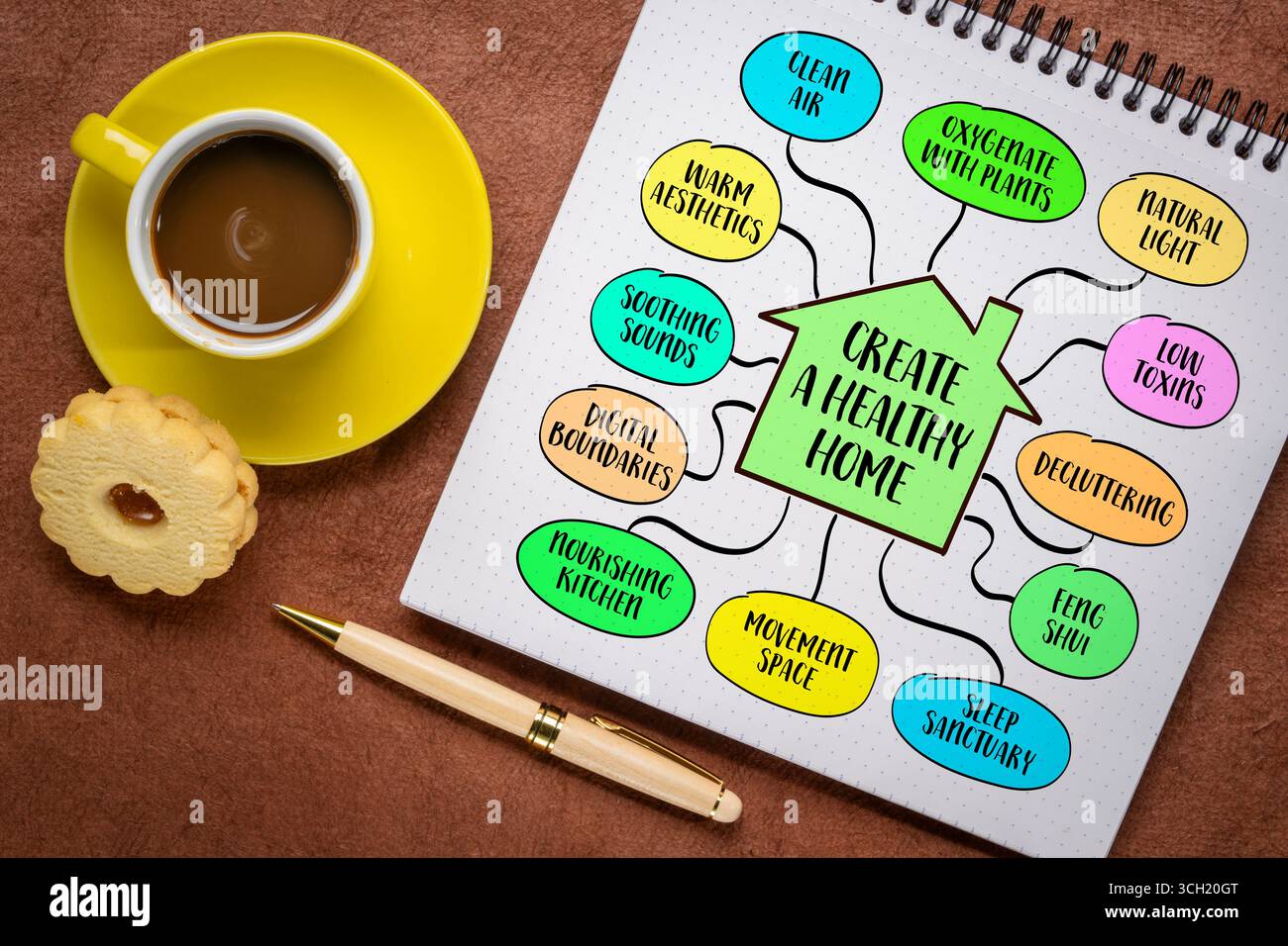 Schaffen Sie ein gesundes Zuhause. Es unterstützt körperliches Wohlbefinden, emotionales Gleichgewicht und geistige Klarheit, ein persönliches Wellness-Refugium. Infografiken-Mindmap. Stockfoto