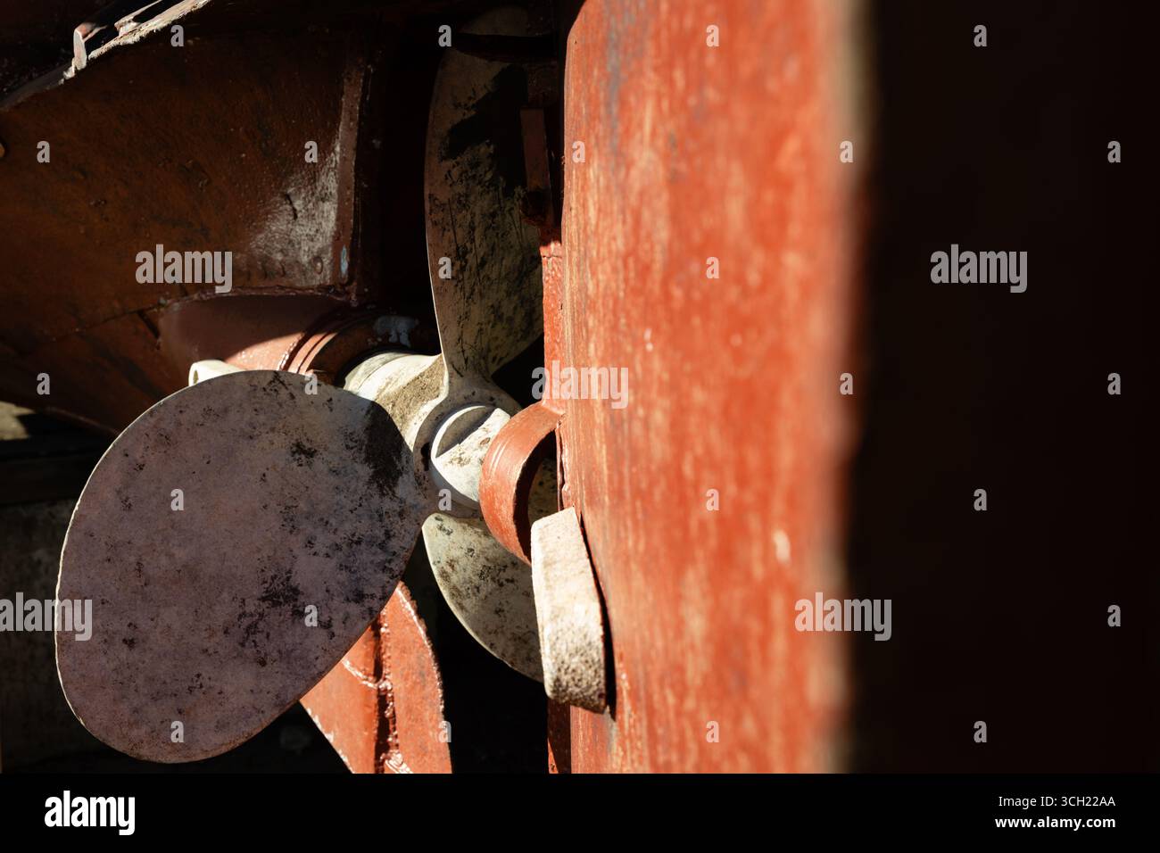 Rostiger, weiß lackierter Propeller auf einem alten roten Schiff im Trockendock. Stockfoto