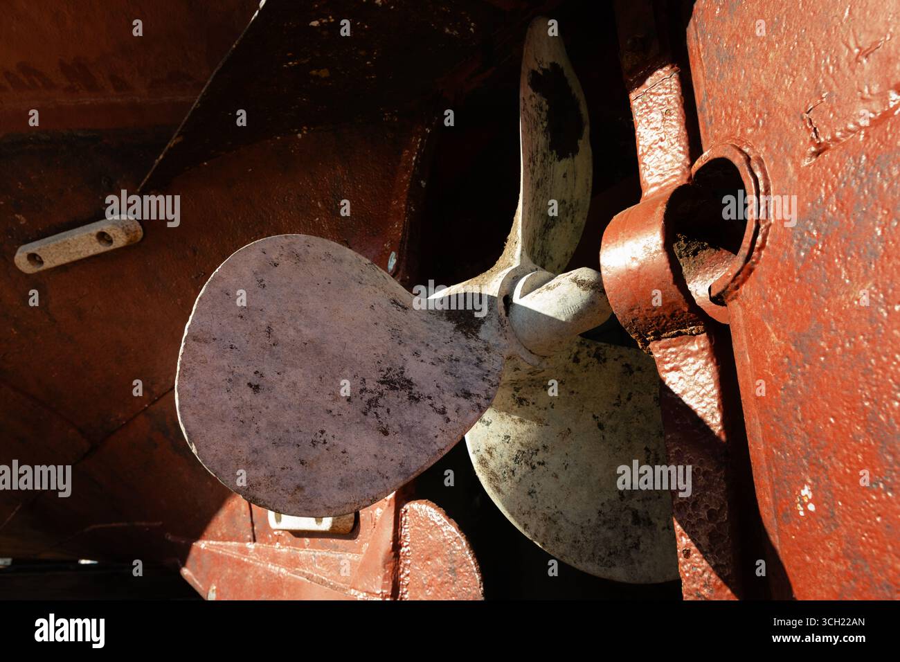 Rostiger, weiß lackierter Propeller auf einem alten roten Schiff im Trockendock. Stockfoto