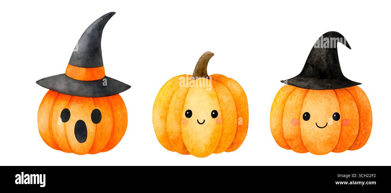 Aquarell Halloween Pack mit Geister Kürbisse Hexen und Fledermäuse Illustration Set Stockfoto