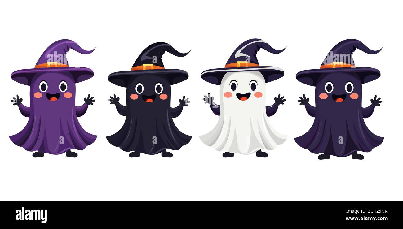 Set aus niedlichem Geist in schwarz, lila, weißem Mantel und Hexenhut mit Lächeln und großen Augen. Vektor-Illustration für Halloween. Untergeordnetes Zeichen auf weißem Hintergrund Stock Vektor