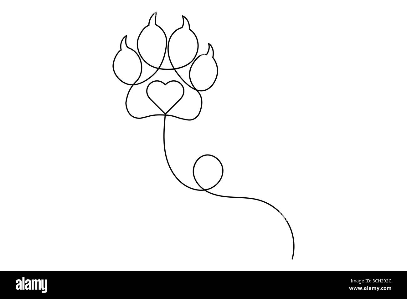 Einzeilige Zeichnung einer Hundepfote mit Herzpfoten-Druck Stock Vektor