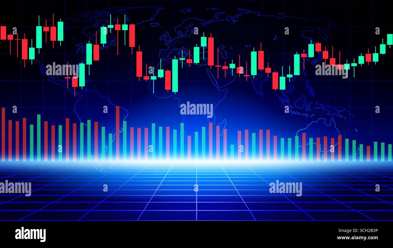 Börsenhandelsdiagramm. Abstrakte Weltkarte mit blauem Hintergrund für Finanzen. Volatiler Finanzmarkt. Japanische Kerzenhalter. Investitionskonzept. Wirtschaftlichkeit Stock Vektor
