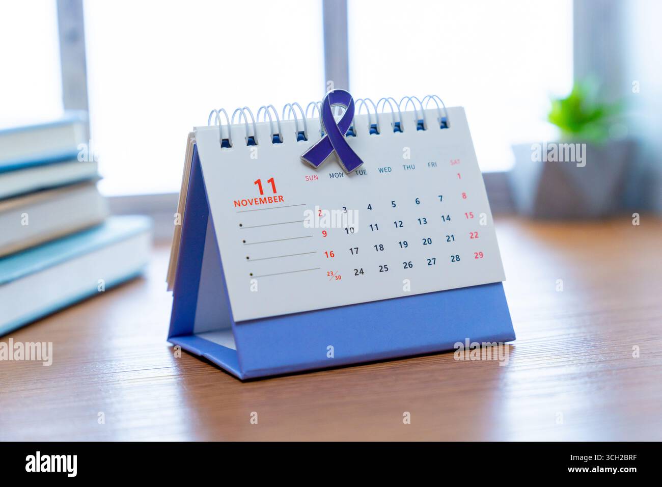 Ein Kalender ist für den Monat November geöffnet, und ein lilafarbenes Farbband wird oben auf der Seite abgeschnitten. Pankreaskarzinom-Bewusstseinskonzept. Stockfoto