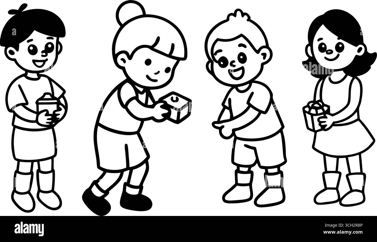 Vier fröhliche Zeichentrickkinder tauschen Geschenke mit Lächeln und fröhlichen Ausdrücken aus Stock Vektor