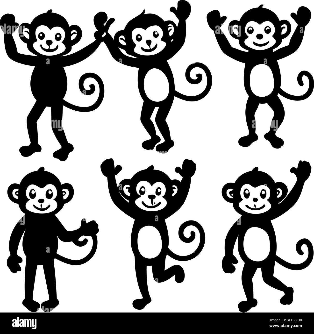 Drei niedliche Zeichentrickaffen stehen nebeneinander und zeichnen lustige Tiergrafiken Stock Vektor