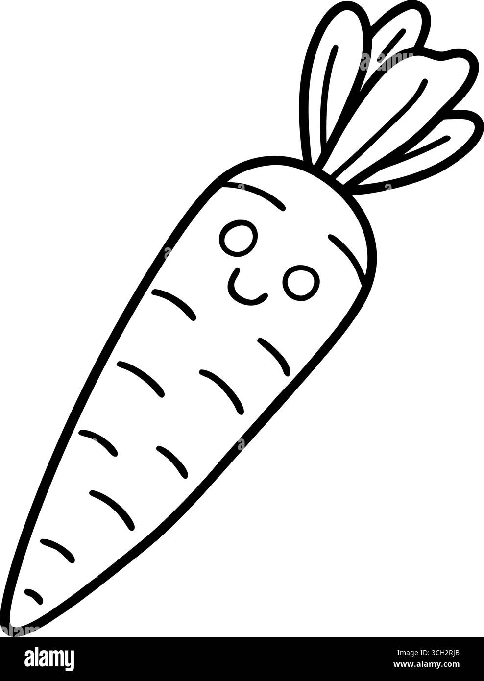 Niedliche Karottenfigur mit einem lächelnden Gesicht und grünen Blättern Stock Vektor