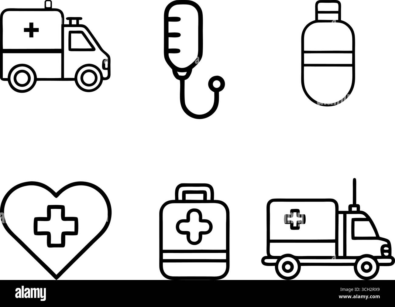 Sammlung von medizinischen Ikonen Krankenwagen erste-Hilfe-Kit Bandagen IV Tropf und mehr Gesundheit Symbole Stock Vektor