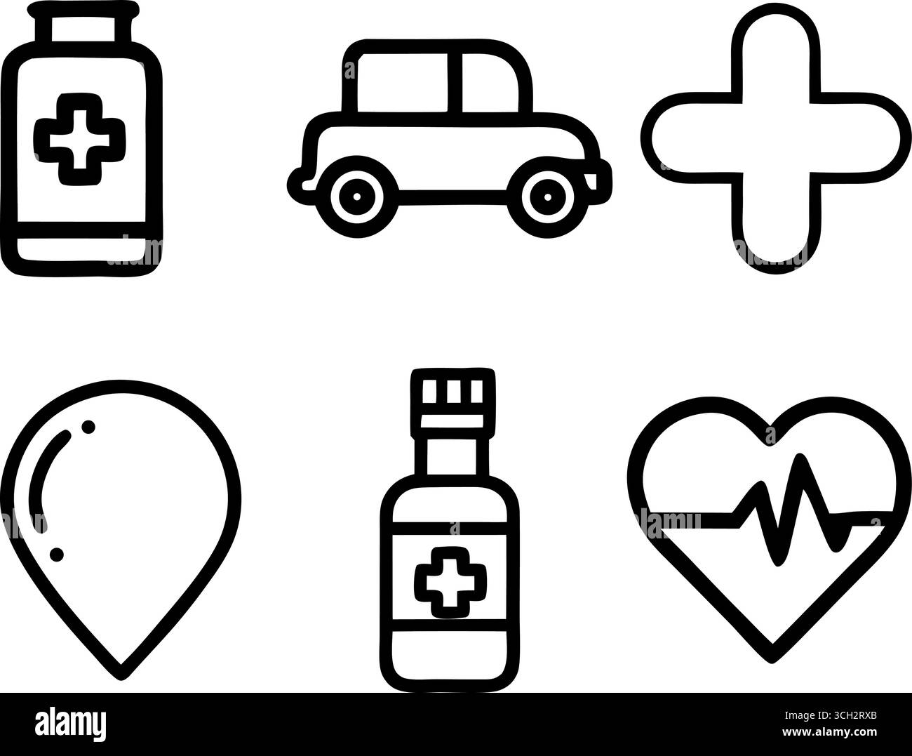 Sammlung von medizinischen Ikonen Krankenwagen erste-Hilfe-Kit Bandagen IV Tropf und mehr Gesundheit Symbole Stock Vektor