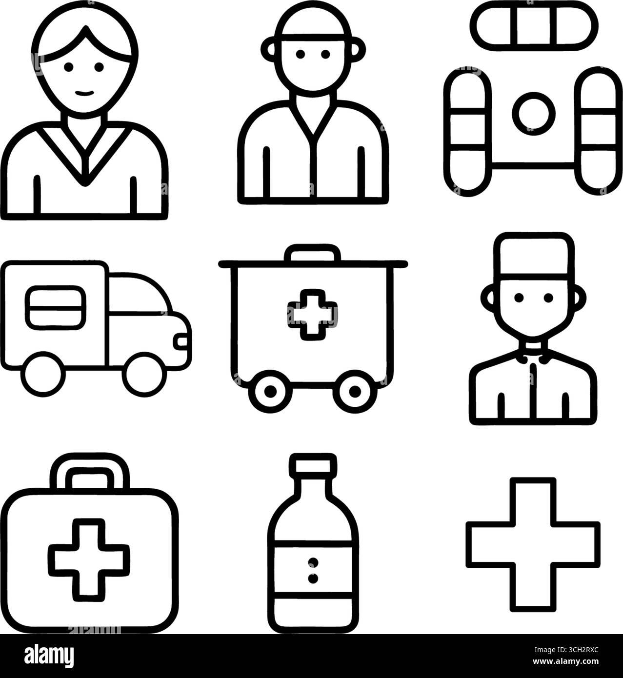 Sammlung von medizinischen Ikonen Krankenwagen erste-Hilfe-Kit Bandagen IV Tropf und mehr Gesundheit Symbole Stock Vektor
