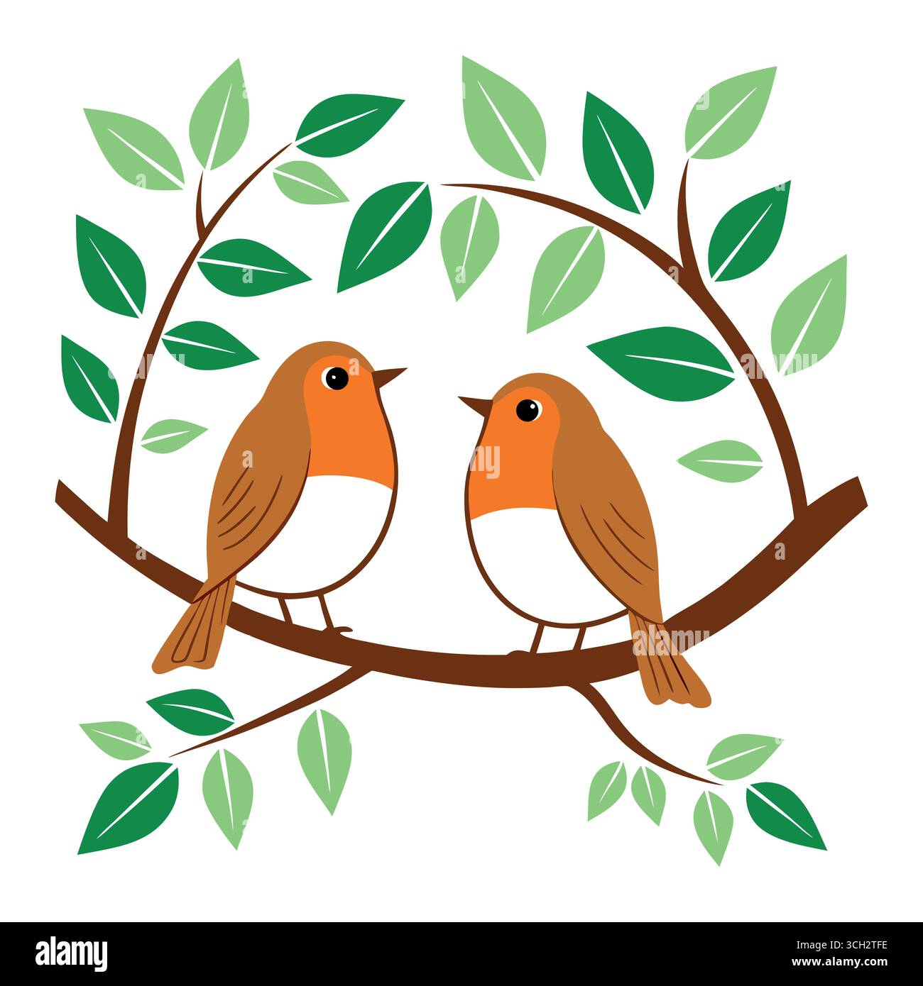Zwei Robin-Vögel auf Zweig, Frühlings-Natur-Illustration, niedlicher Cartoon-Stil, glückliche Stimmung, grüne Blätter Stock Vektor