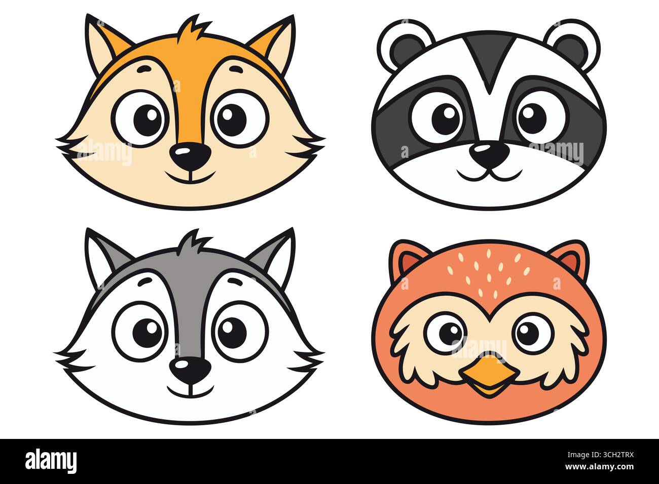 Niedliche Cartoon-Tiergesichter mit Fuchswaffe Wolf und Eulen Stock Vektor