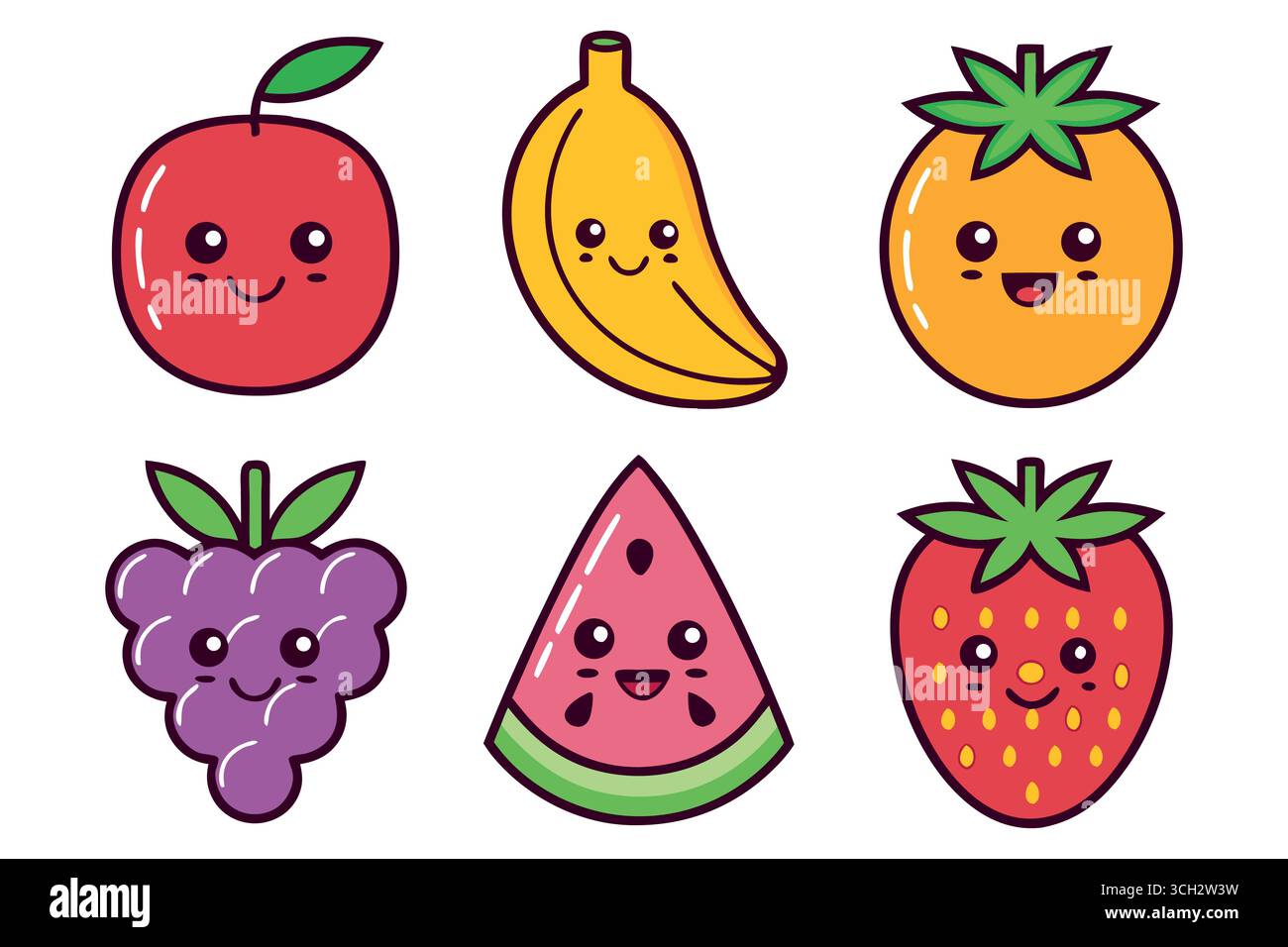 Bezauberndes Kawaii-Fruchtset: Apfel, Banane, Orange, Trauben, Wassermelone, Erdbeere; Fröhlich, Hell, Im Cartoon-Stil. Stock Vektor