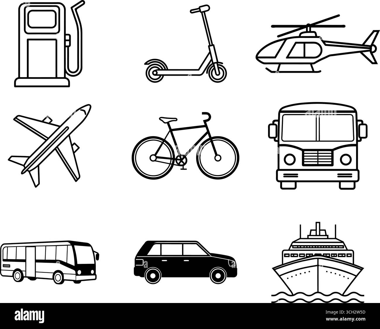 Verschiedene Verkehrsinkonen Autos Flugzeuge Busse Fahrräder Motorroller Hubschrauber und Schiffe für Reisekonzepte Stock Vektor