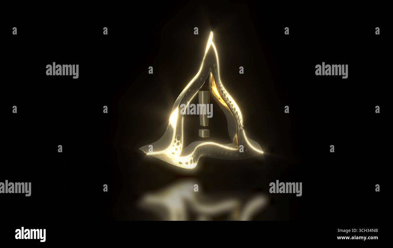 Goldenes Warnzeichen Vorsicht bei schwarzem BG 3D-Rendering Stockfoto