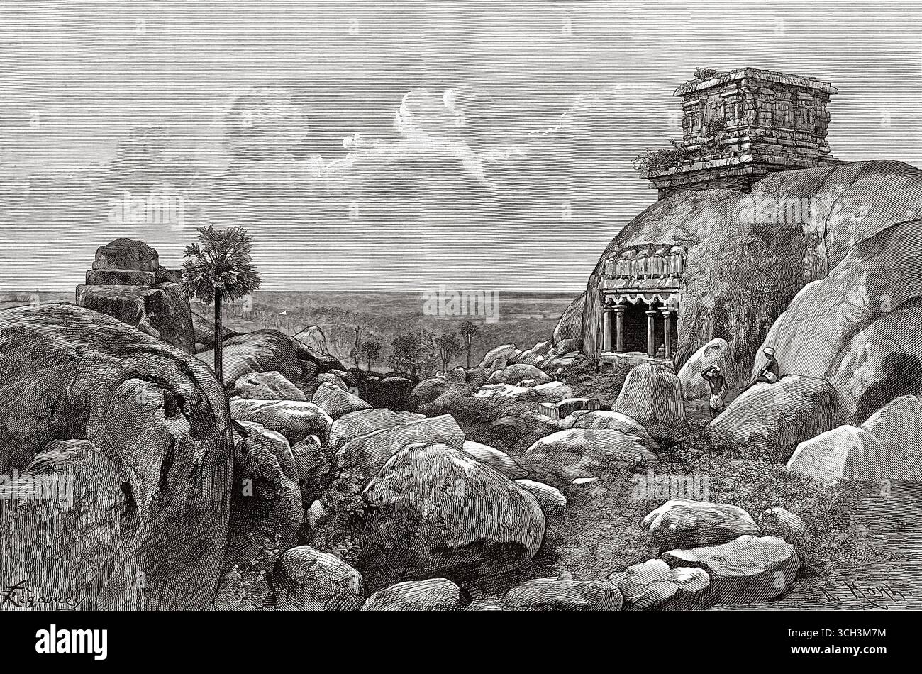 Pancha Rathas ist ein monolithischer indischer Felsendenkmalkomplex in Mahabalipuram an der Coromandel-Küste der Bucht von Bengalen im Bezirk Chengalpattu, Bundesstaat Tamil Nadu, Indien. Südasien. Acht Days in India, 1876 von Emile Guimet (1836–1918) Zeichnungen aus dem Leben von Félix Régamey (1844–1907) Le Tour du Monde 1888 Stockfoto