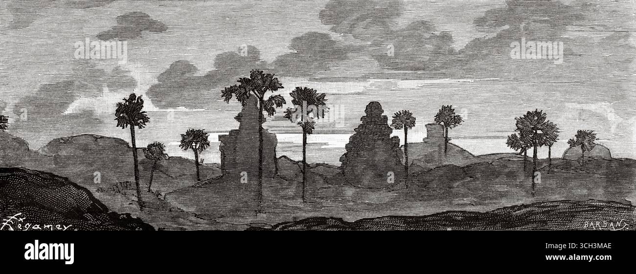 Pancha Rathas ist ein monolithischer indischer Felsendenkmalkomplex in Mahabalipuram an der Coromandel-Küste der Bucht von Bengalen im Bezirk Chengalpattu, Bundesstaat Tamil Nadu, Indien. Südasien. Acht Days in India, 1876 von Emile Guimet (1836–1918) Zeichnungen aus dem Leben von Félix Régamey (1844–1907) Le Tour du Monde 1888 Stockfoto