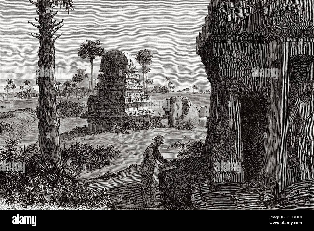 Nakula Sahadeva ratha und eine Elefantenstatue. Pancha Rathas ist ein monolithischer indischer Felsendenkmalkomplex in Mahabalipuram an der Coromandel-Küste der Bucht von Bengalen im Bezirk Chengalpattu, Bundesstaat Tamil Nadu, Indien. Südasien. Acht Days in India, 1876 von Emile Guimet (1836–1918) Zeichnungen aus dem Leben von Félix Régamey (1844–1907) Le Tour du Monde 1888 Stockfoto