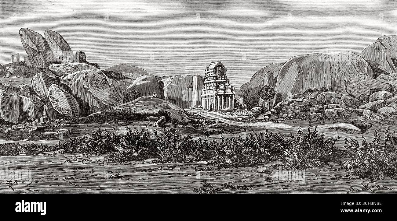 Pancha Rathas ist ein monolithischer indischer Felsendenkmalkomplex in Mahabalipuram an der Coromandel-Küste der Bucht von Bengalen im Bezirk Chengalpattu, Bundesstaat Tamil Nadu, Indien. Südasien. Acht Days in India, 1876 von Emile Guimet (1836–1918) Zeichnungen aus dem Leben von Félix Régamey (1844–1907) Le Tour du Monde 1888 Stockfoto