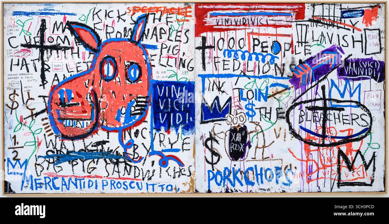 JEAN-MICHEL BASQUIAT 1960-1988. Mann aus Neapel 1982. Acryl und Collage auf Holz. Stockfoto