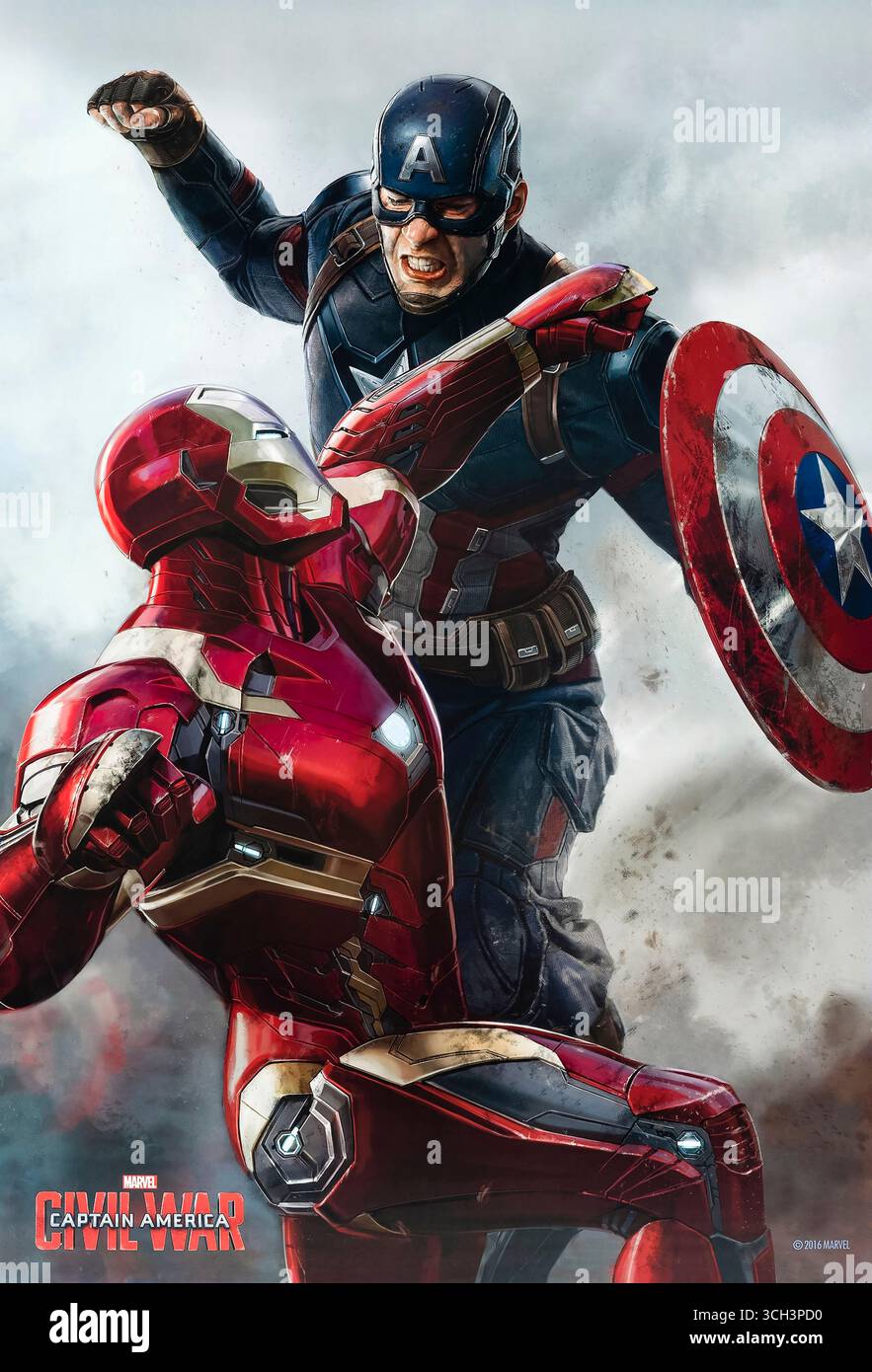 Captain America: Civil war (2016) unter der Regie von Anthony Russo und Joe Russo mit Chris Evans, Robert Downey Jr. und Scarlett Johansson. Politischer Druck spaltet die Avengers, was zu einem Zusammenstoß zwischen ehemaligen Verbündeten führt. Foto eines original US-Teaser-Posters mit Kunstwerken von Ryan Meinerding. NUR REDAKTIONELLE VERWENDUNG. Quelle: Marvel Studios / Walt Disney Studios Motion Pictures Stockfoto