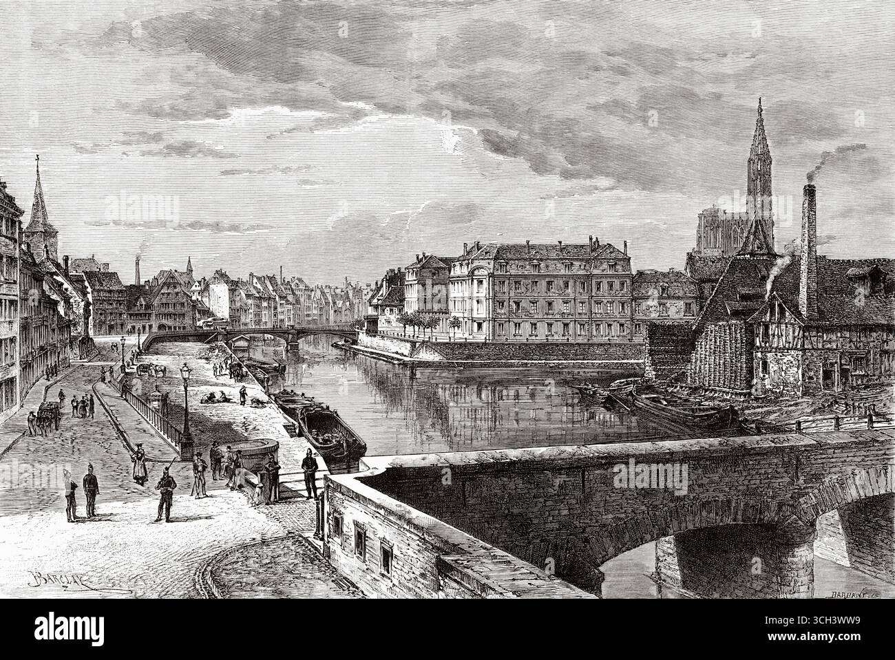 Die Grande Île ist eine Insel im historischen Zentrum von Straßburg. Département BAS-Rhin, Elsass, Frankreich. Zeichnung von Edgar Barclay (1842–1913) durch Elsass und Lothringen, 1888 von Charles Grad (1842–1890) Le Tour du Monde 1888 Stockfoto