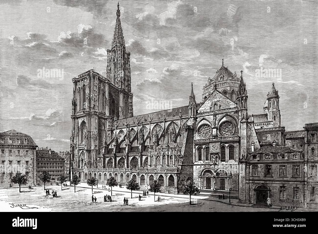 Südfassade des Straßburger Doms. Département BAS-Rhin, Elsass, Frankreich. Zeichnung von Edgar Barclay (1842–1913) durch Elsass und Lothringen, 1888 von Charles Grad (1842–1890) Le Tour du Monde 1888 Stockfoto