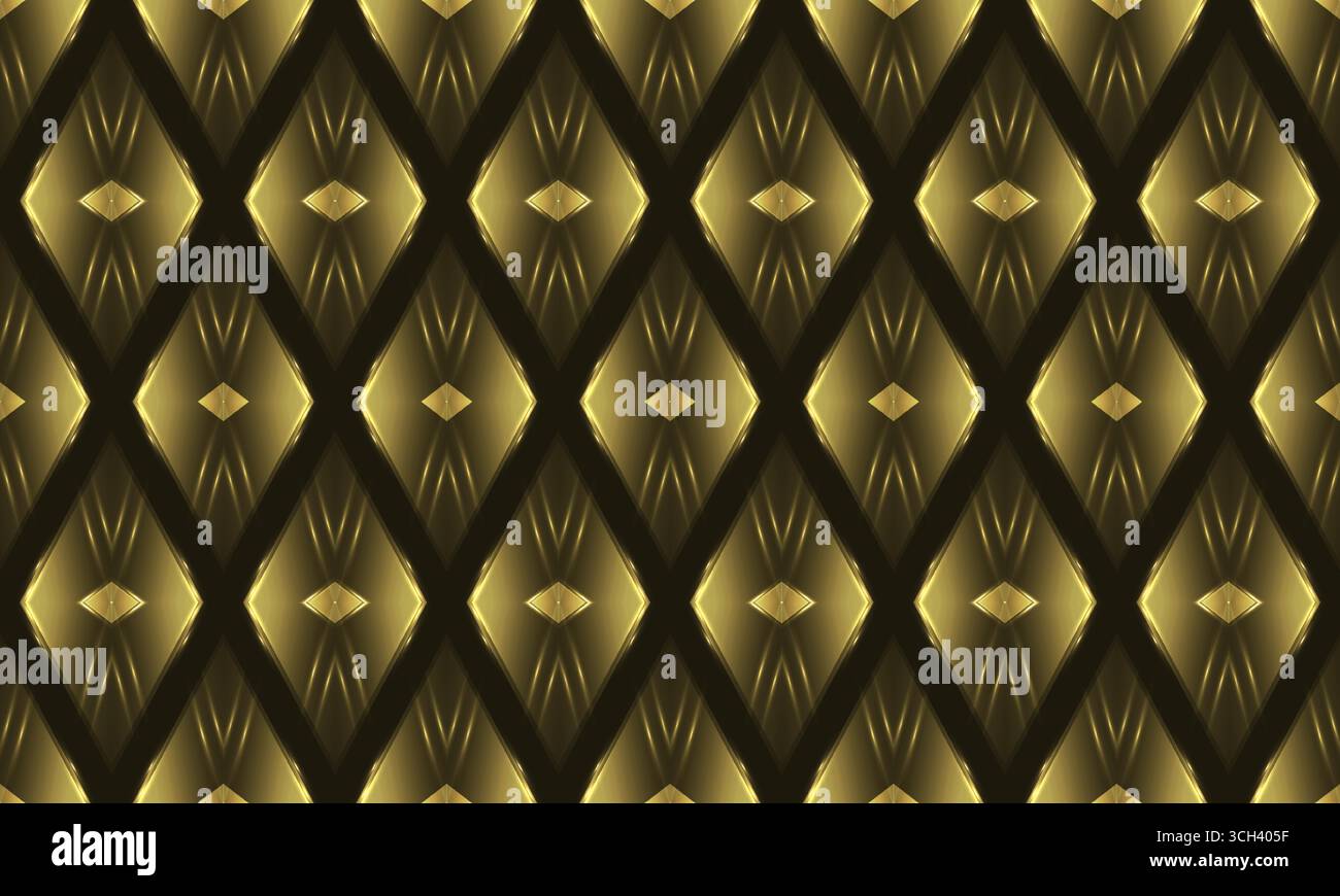Nahtloses Vektor-Muster mit goldenen geometrischen Diamantformen und Lichtstrahlen. Luxuriöse, in Schwarz und Gold glänzende abstrakte Hintergrundstruktur. Stock Vektor