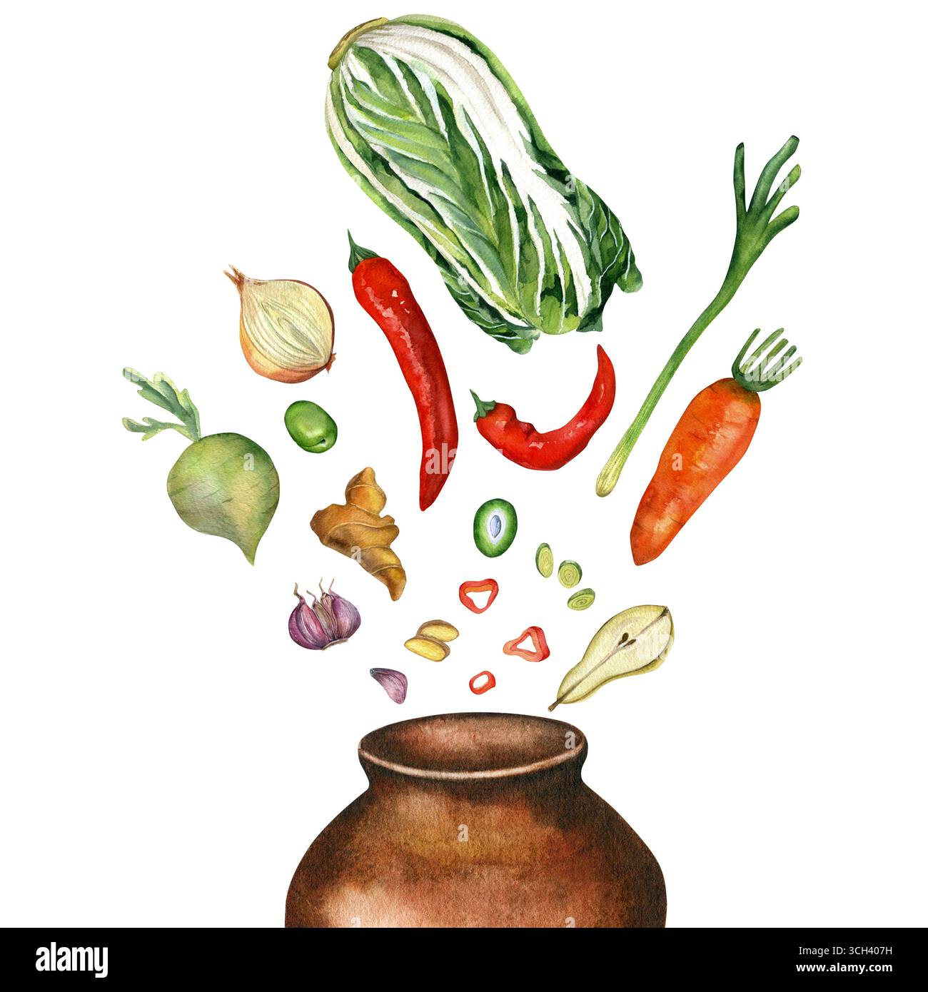 Aquarellillustration von traditionellem koreanischem Essen Kimchi auf einer Vase. Handgezeichnet isoliert auf transparentem Hintergrund. Für die Gestaltung kulinarischer Rezepte Stockfoto
