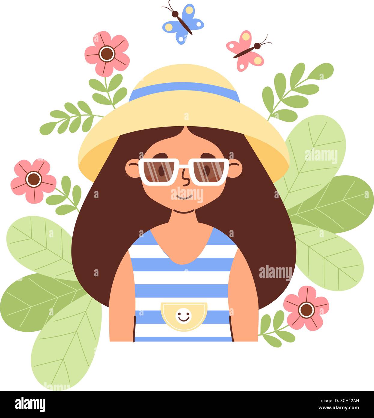 Niedliches Sommermädchen in Sonnenhut und Sonnenbrille mit Blumen, Blättern und Schmetterlingen. Weibliches Porträt Mit Saisonalem Charakter. Vektorabbildung. Perfekt für Stock Vektor