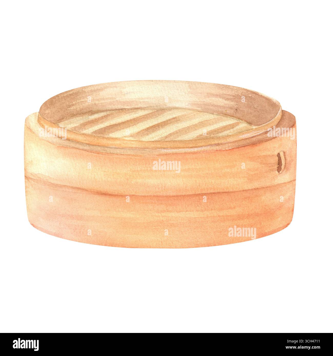 Ein asiatischer Bambusdampfer. Traditioneller Dampfkorb. Chinesischer Dampfgarer. Clipart für asiatische Küche. Handgezeichnete Aquarellbilder traditioneller asiatischer Herkunft Stockfoto