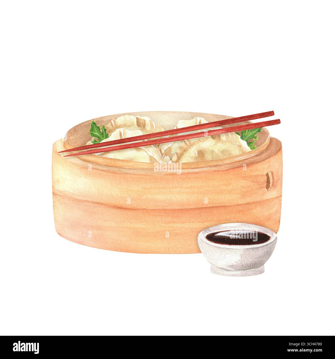 Asiatischer Dampfkorb mit Knödeln, Petersilienblättern, Essstäbchen und Sojasauce. Aquarell Chinesisches Essen Clipart. Hatte Illustrationen auf dem gezeichnet Stockfoto