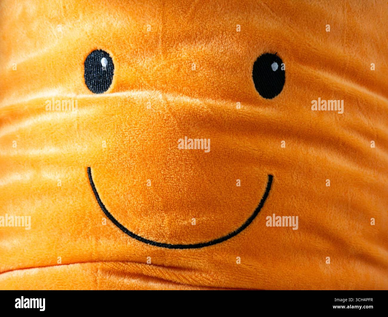 Nahaufnahme eines lächelnden Plüschgesichts mit großen schwarzen Augen und einem breiten, fröhlichen Grinsen, das Glück, Freude und die reine Unschuld von ch ausstrahlt Stockfoto