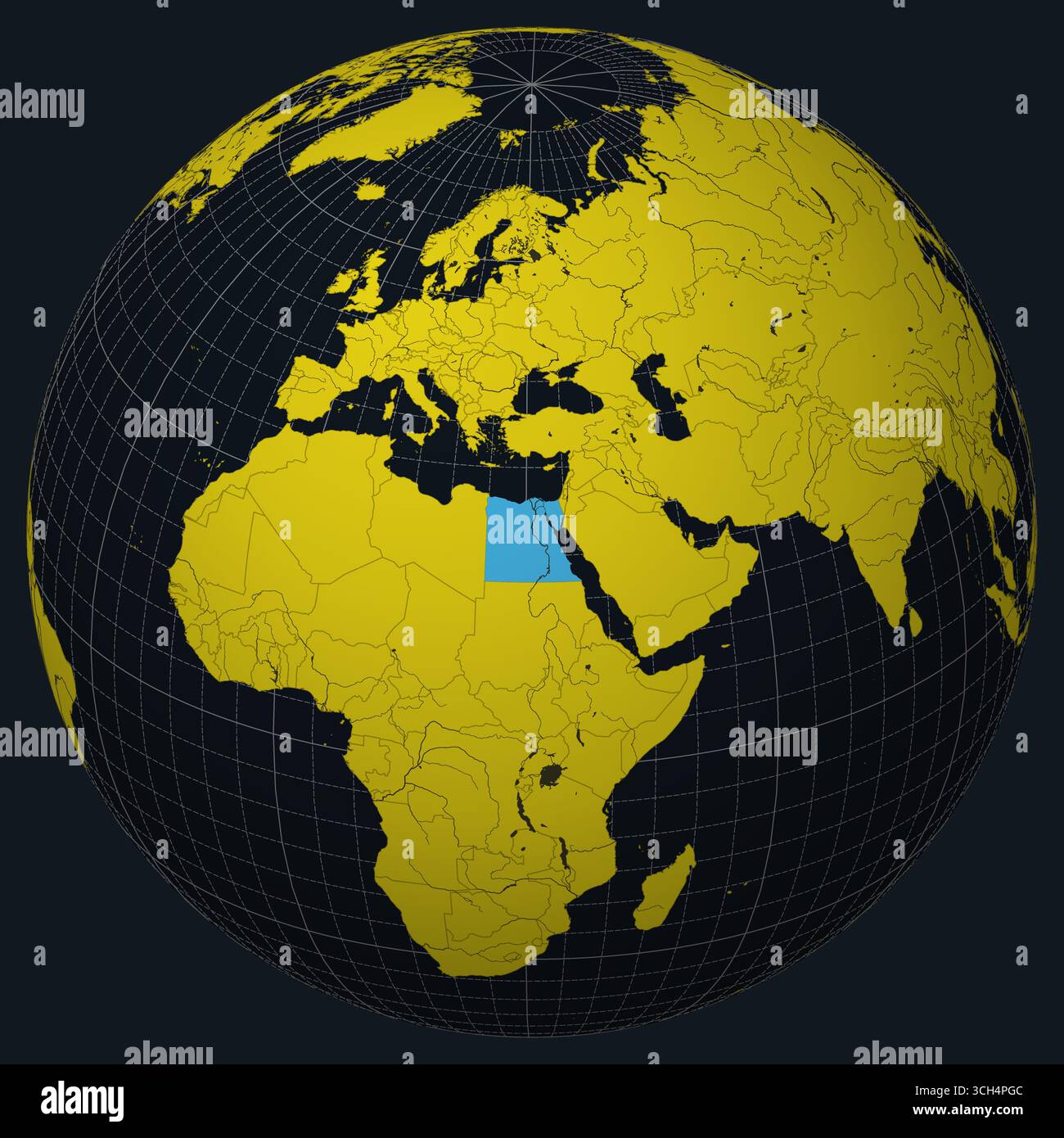Arabische Republik Ägypten auf Globe. Landansicht auf der Weltkarte in der Farbpalette Anthrazit Hellgelb. Ägyptische Form auf der Karte. Stock Vektor
