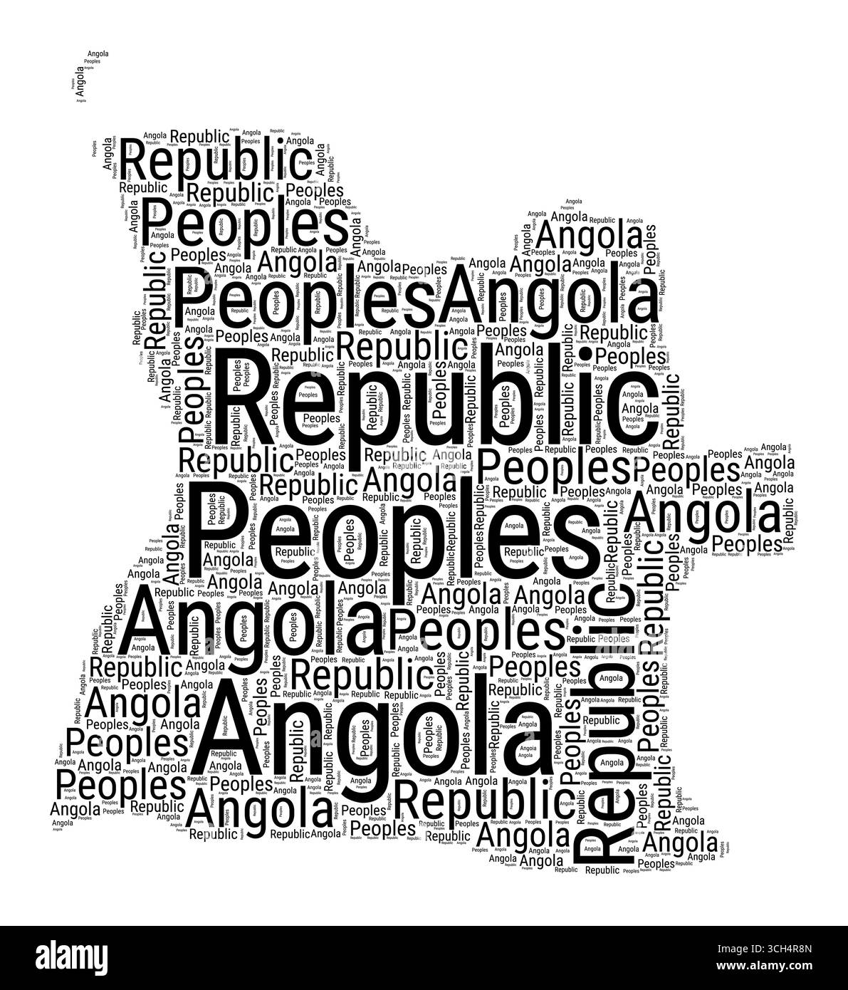 Schwarz-weiß-Wortwolke in Gestalt Angolas. Einfache typografische Darstellung des Landes. Schwarze Wolke aus Angola auf weißem Hintergrund. Stock Vektor