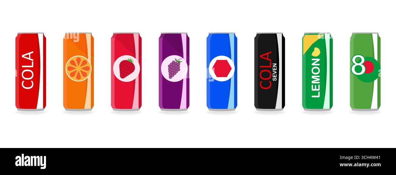 Alkoholfreie Getränke Aluminiumdosen Mit Soda. Getränkedosen Aus Aluminium. Kohlensäurehaltiges alkoholfreies Wasser. Vektorillustration isoliert auf weißem Hintergrund. Stock Vektor