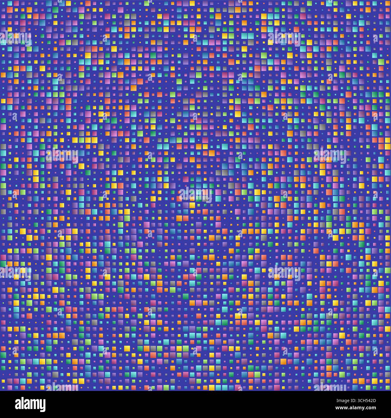 Hintergrund für geometrische Formen. Quadrate mit Farbabstufungen in mehreren Farben. Blau, lila, rot, Gold, grün auf dunklem Hintergrund. Authentische Vektorillustration. Stock Vektor