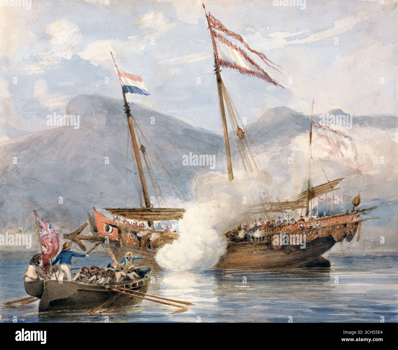 Aktion in Kowloon 1839 19. Jahrhundert Aquarell und Graphit Gemälde von Joseph Sparkhall Rundle Kunstwerk Vintage antike Druck Militär Aktion britische Marine Schiff. Ein Marinegefecht am 4. September 1839, der erste bewaffnete Konflikt des Ersten Opiumkrieges. Britische Boote feuerten auf chinesische Dschunks und erzwangen ein Embargo gegen die britische Gemeinde Stockfoto