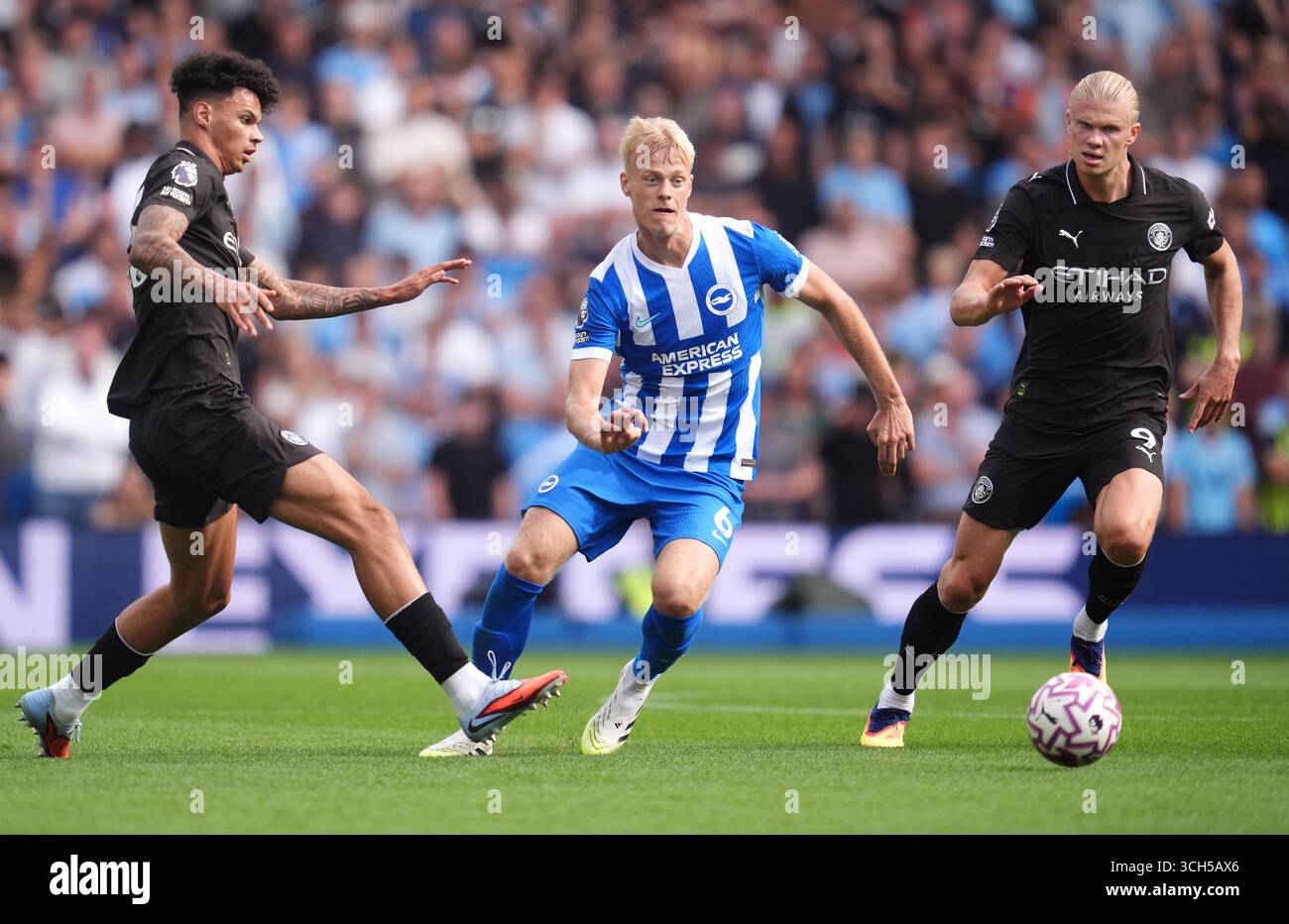 Brighton und Hove Albions Jan Paul van Hecke (Mitte) kämpfen um den Ball mit Oscar Bobb (links) von Manchester City und Erling Haaland während des Premier League-Spiels im American Express Stadium, Brighton und Hove. Bilddatum: Sonntag, 31. August 2025. Stockfoto