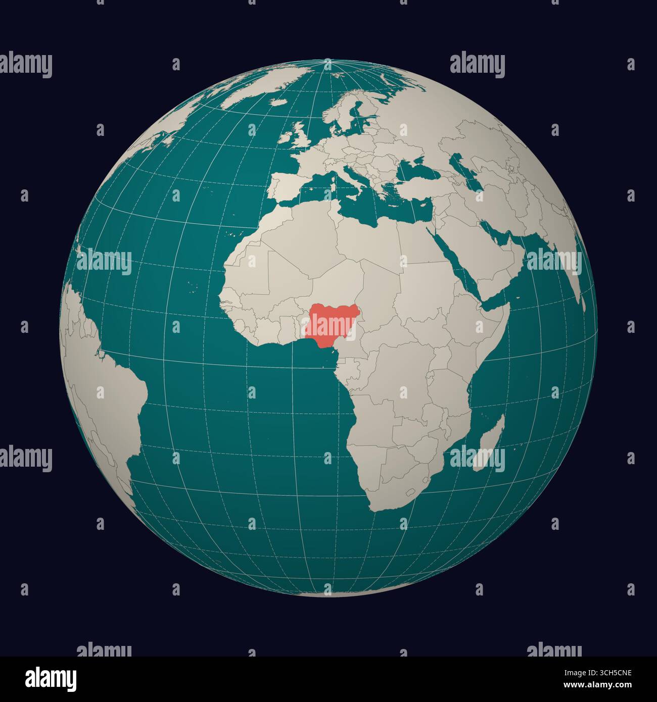 Bundesrepublik Nigeria auf der Karte. Der Globus konzentriert sich auf Nigeria. Land auf der Weltkarte. Farbpalette Teal Pale Mint. Stock Vektor