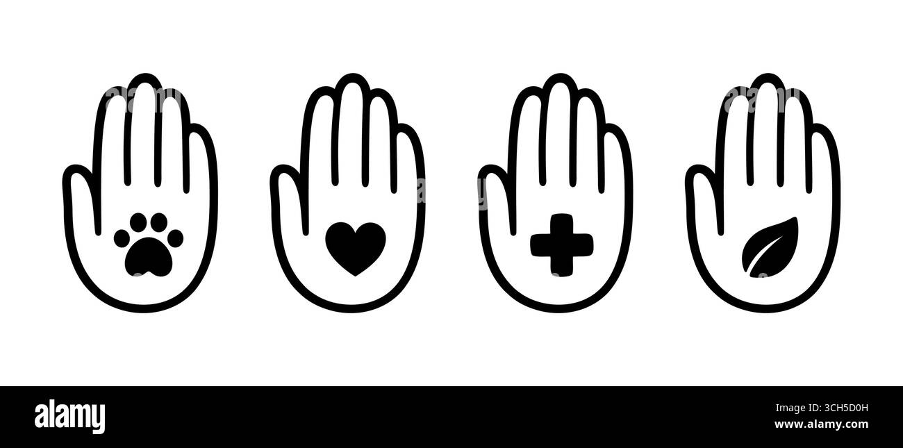 Handsymbol mit verschiedenen Symbolen für Wohltätigkeitsorganisationen und Freiwilligenarbeit, Logo-Design-Elemente. Medizinisch, tierisch, sozial, Natur. Vektorillustrationssatz. Stock Vektor