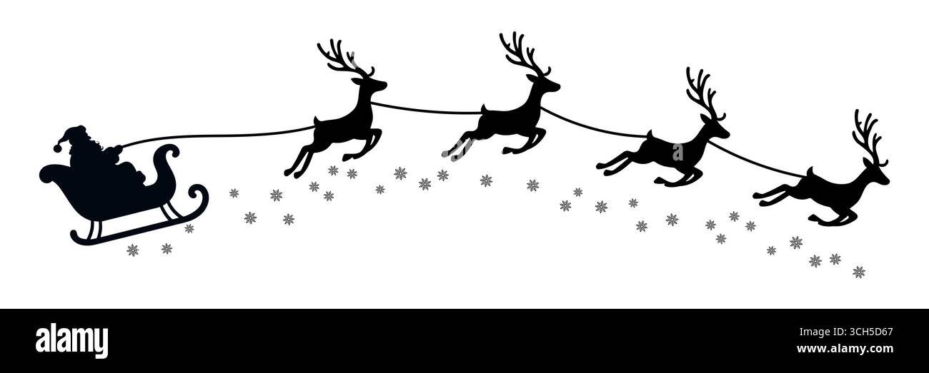 Vektor Weihnachten schwarz-weiß Illustration mit Santa Claus, der auf seinem Schlitten von Rentieren gezogen ist Stock Vektor