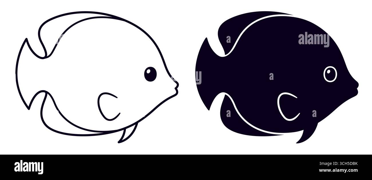 Zeichentrickfilm Butterflyfish Zeichnung in niedlichem, schlichtem Stil. Schwarz-weiße Silhouette und Strichgrafik zum Ausmalen. Illustration tropischer Fische. Stock Vektor