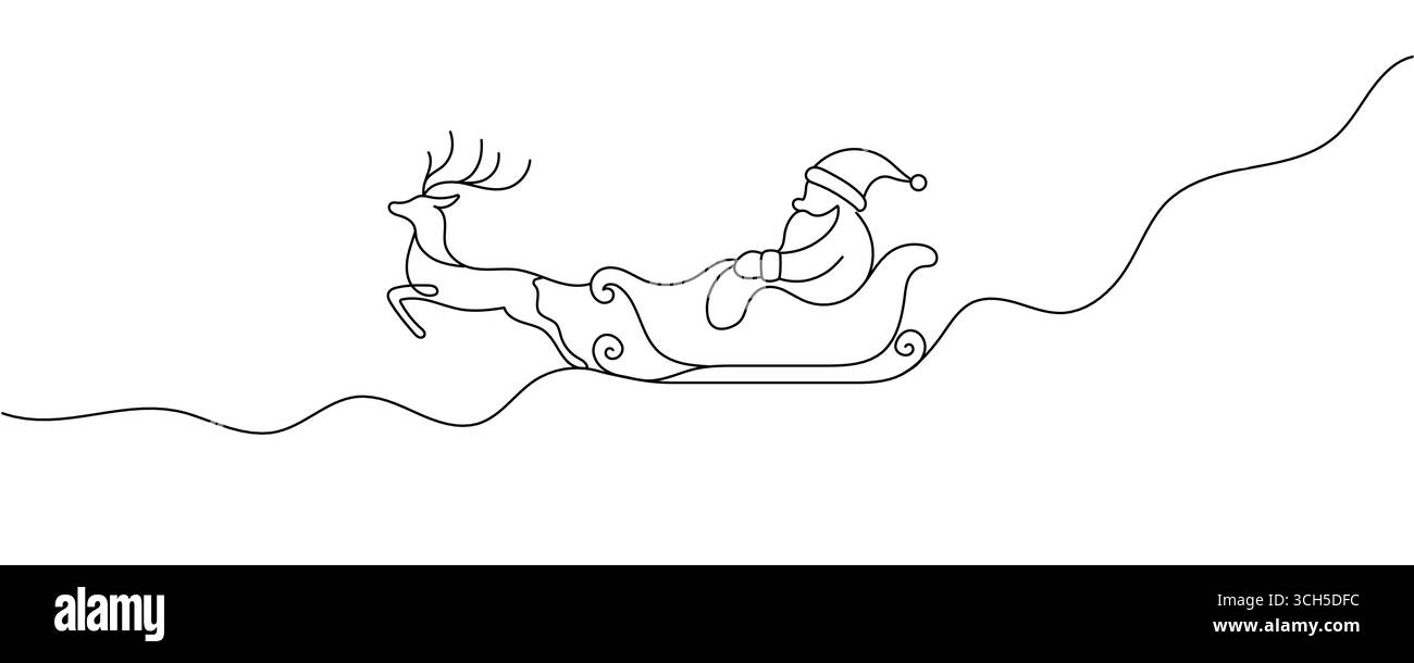 Eine durchgehende Linie zeichnet den Weihnachtsmann auf Rentier und Schlitten. Konzept für Weihnachten und Neujahr. Bearbeitbare Kontur. Stock Vektor