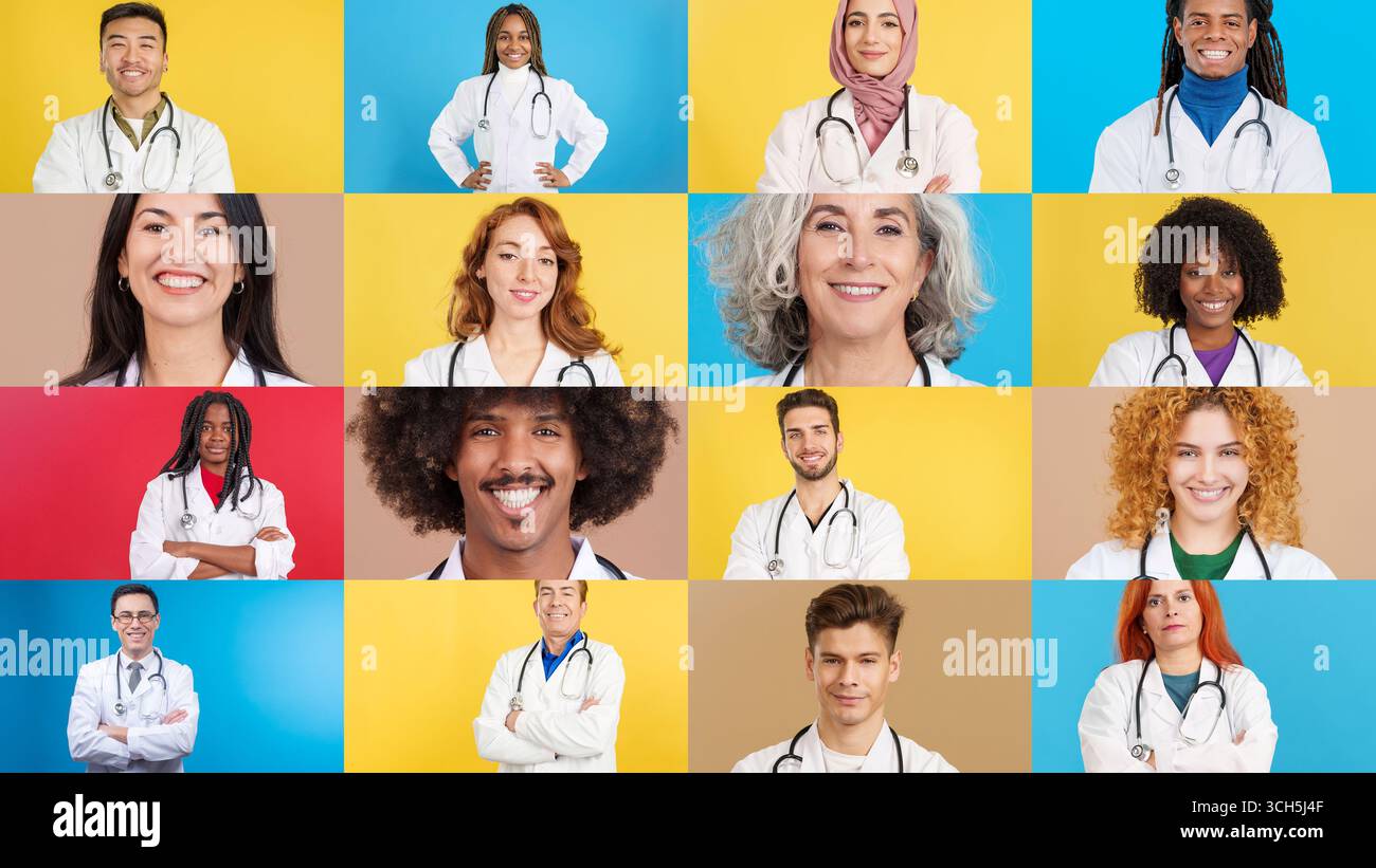 Mosaik der Vielfalt lächelnder Ärzte in Uniform Stockfoto