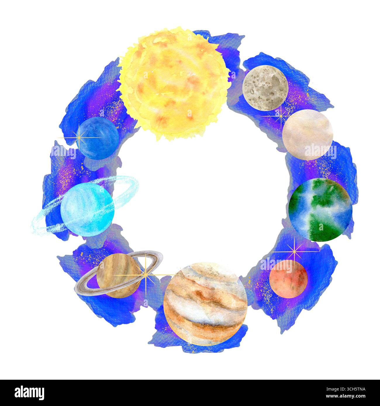 Leerlaufrahmen mit Platz für Text. Kranz aus Sternen und Weltraumplaneten. Handgezeichnet in Aquarell, isoliert auf weißem Hintergrund. Stockfoto