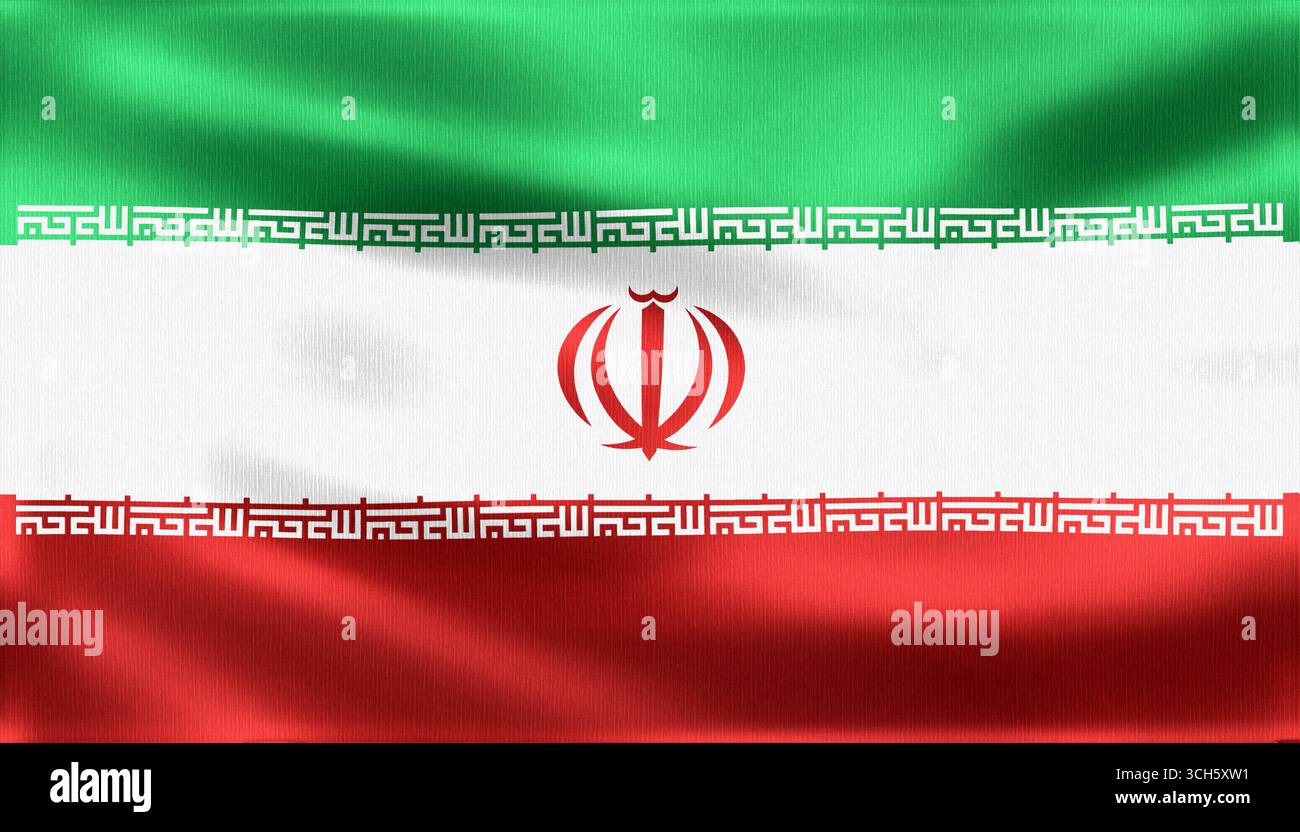 Die schwenkende Flagge des Iran mit aufwändig detaillierter Stoffstruktur und leuchtenden Farben in Grün, weiß und Rot symbolisiert den Nationalstolz Stockfoto